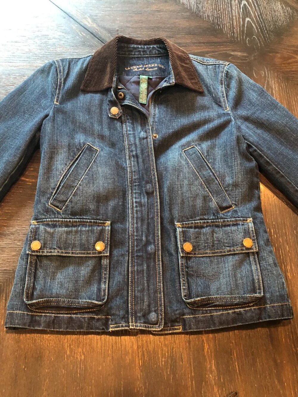 Lauren Jeans Co. Dark Wash Denim Jacket | Quilted Lined | Corduroy Collar - Sz S